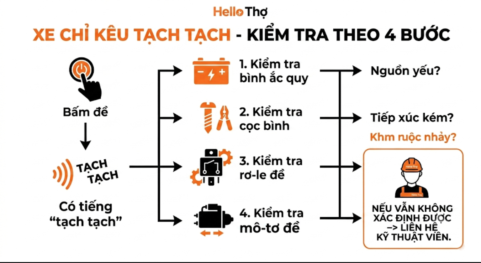 Hướng dẫn quy trình kiểm tra xe máy chỉ kêu tạch tạch từ bình ắc quy, cọc bình đến rơ-le đề và mô-tơ đề.