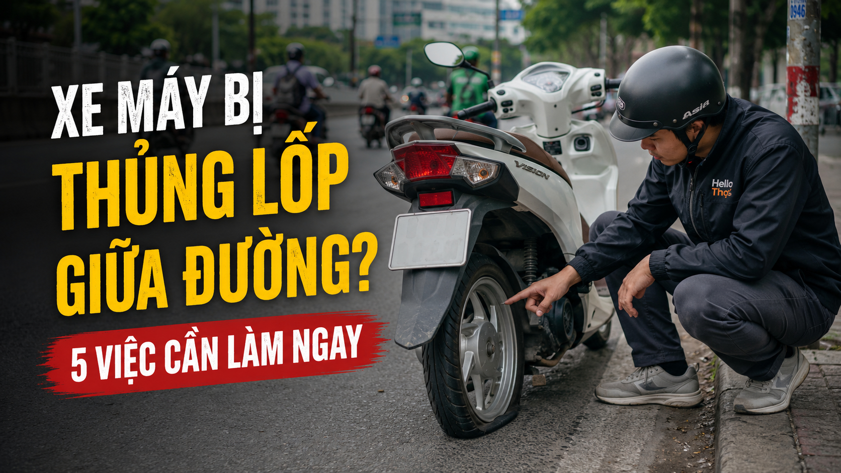 Xe máy bị thủng lốp giữa đường