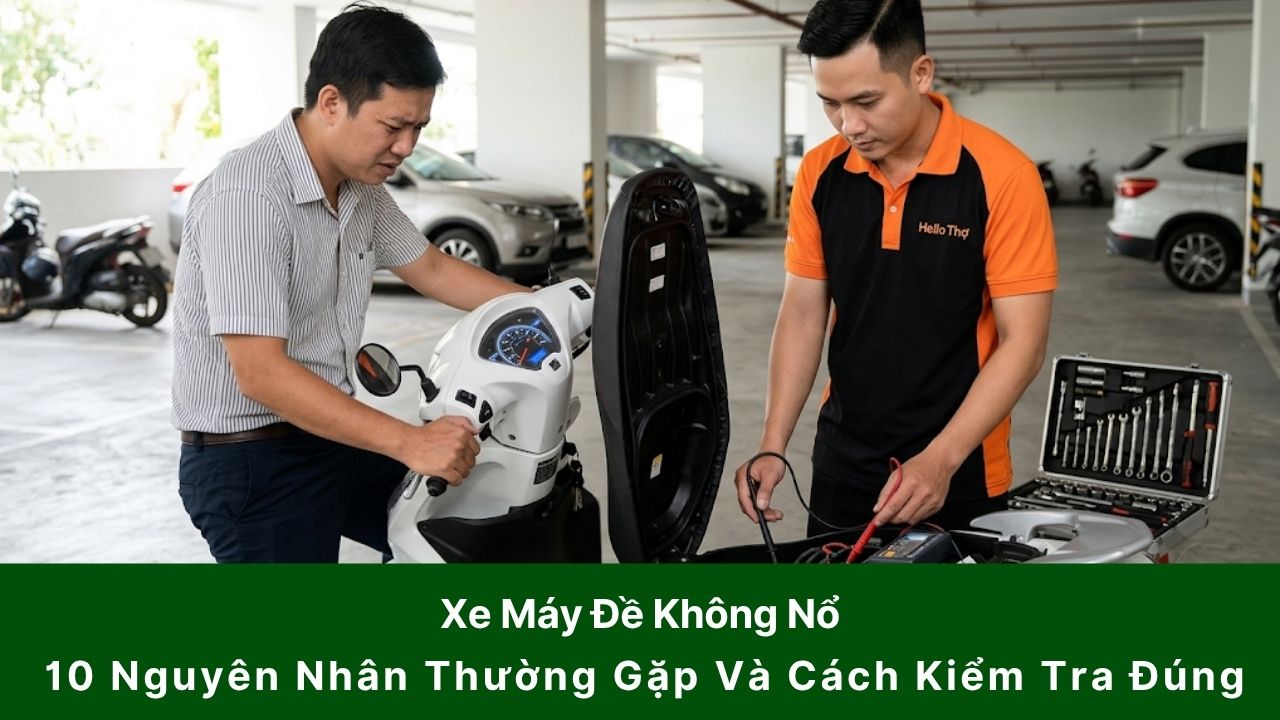 Hình ảnh kỹ thuật viên Hello Thợ kiểm tra bugi và hệ thống đánh lửa khi xe máy đề không nổ. Minh họa các nguyên nhân thường gặp và quy trình kiểm tra thực tế.
