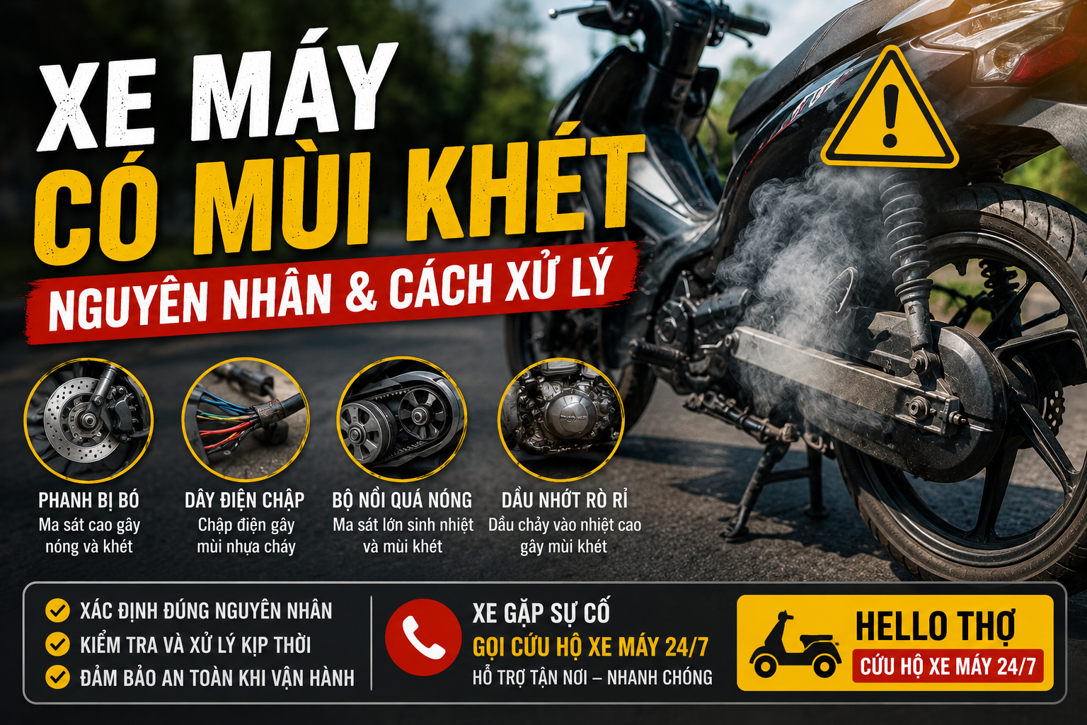 Xe may co mui khet khi dang chay